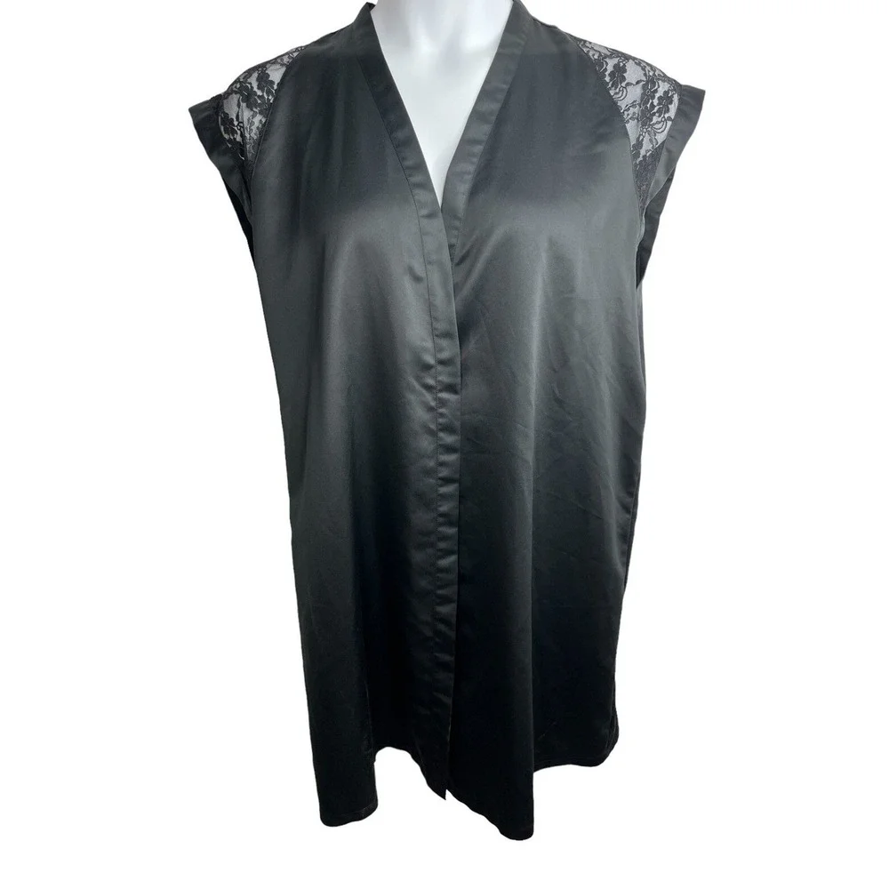 Victorias Secret Black‎ Satin Lace Shoulder Kimono Robe Sleepwear Womens Large